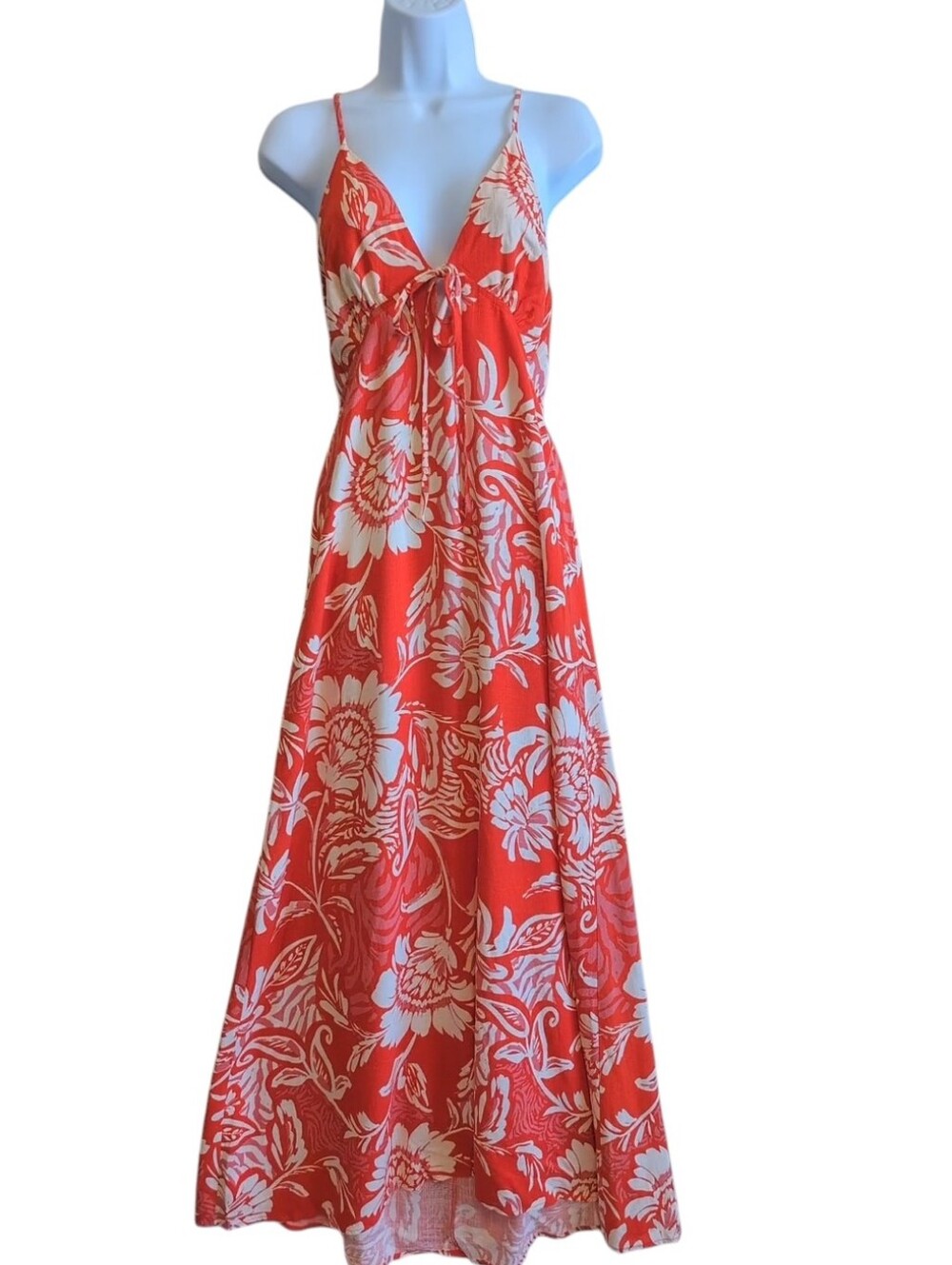 Paper Hearts Red White Floral Maxi Sundress Linen Blend Beach Resort Size XL